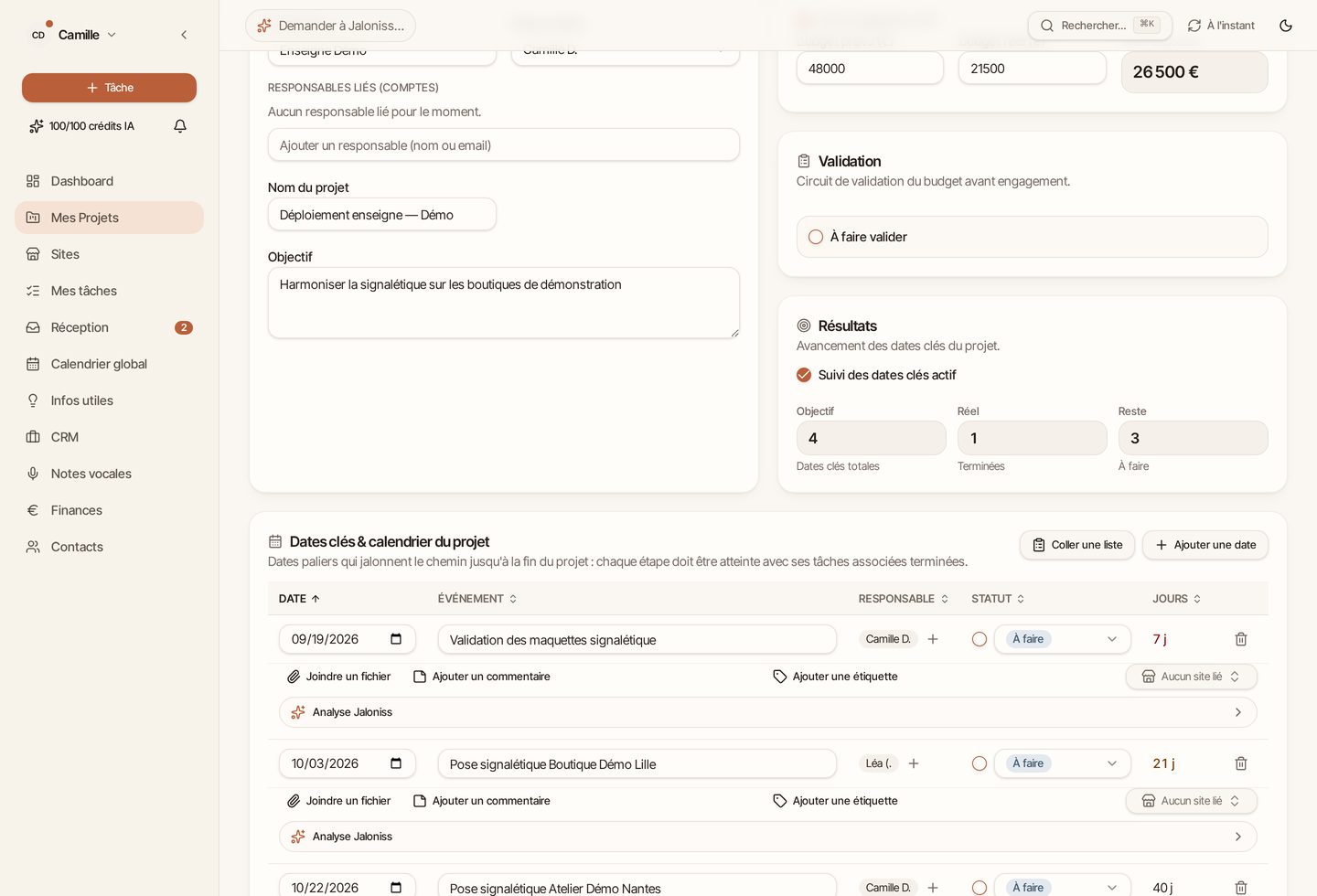 Section Dates clés et calendrier du projet dans Jaloniss, avec responsables, statuts et échéances