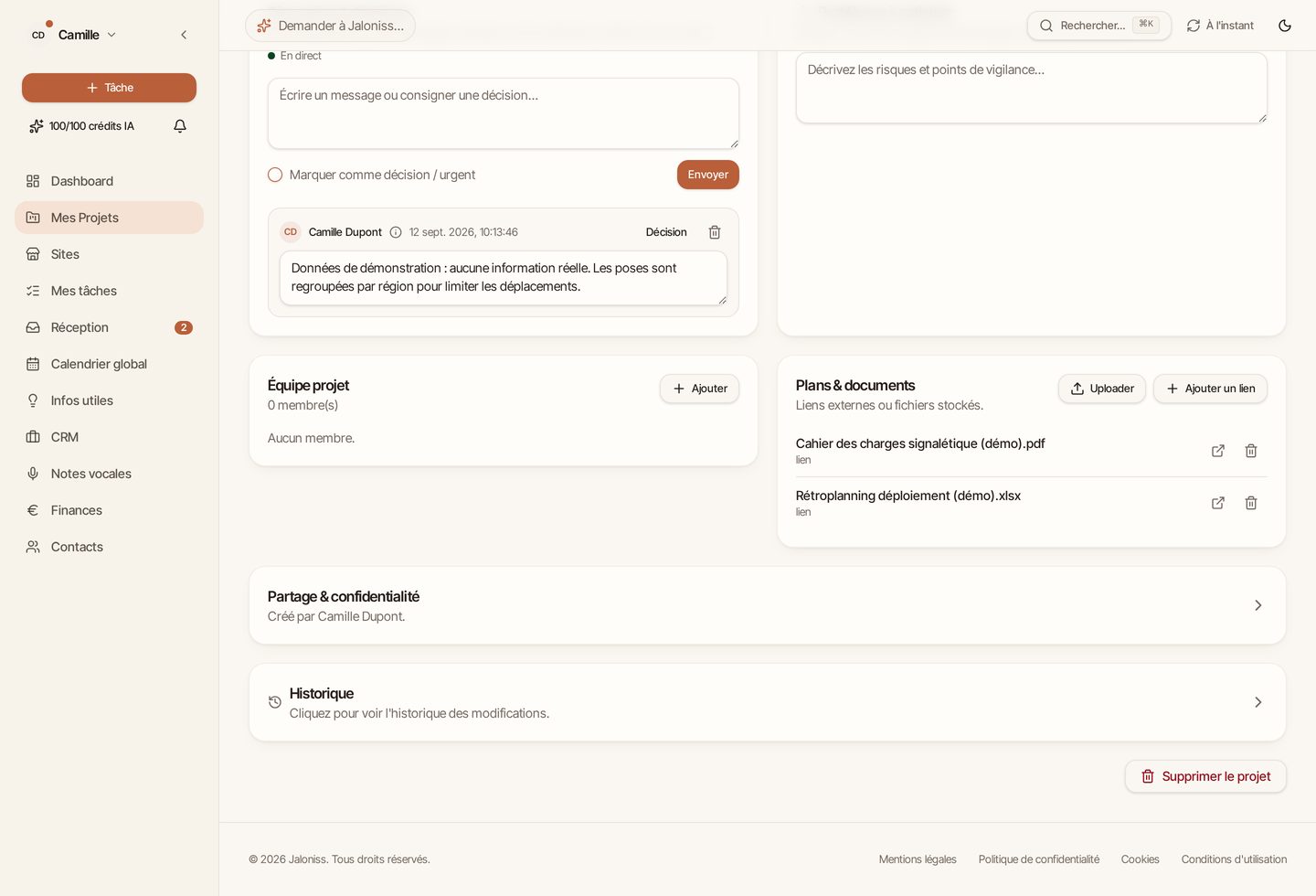 Sections Équipe projet, Plans et documents et fil de discussion d’un projet Jaloniss