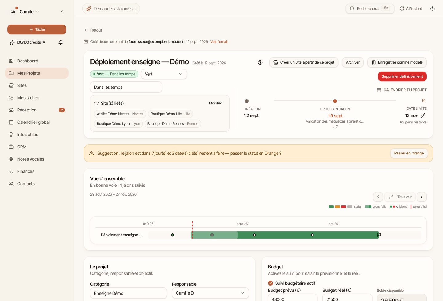 Fiche projet de Jaloniss avec statut, sites liés, prochain jalon, date limite et frise d’avancement