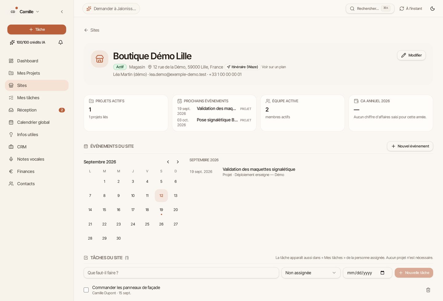 Fiche Site de Jaloniss avec projets actifs, prochains événements, équipe et tâches du site