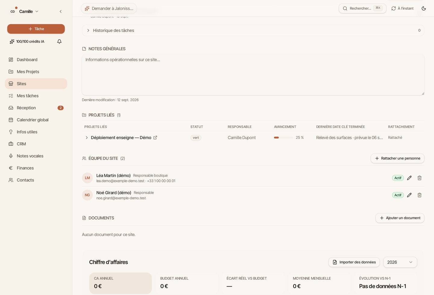 Section Projets liés d’une fiche Site Jaloniss, avec avancement, responsable et équipe du site